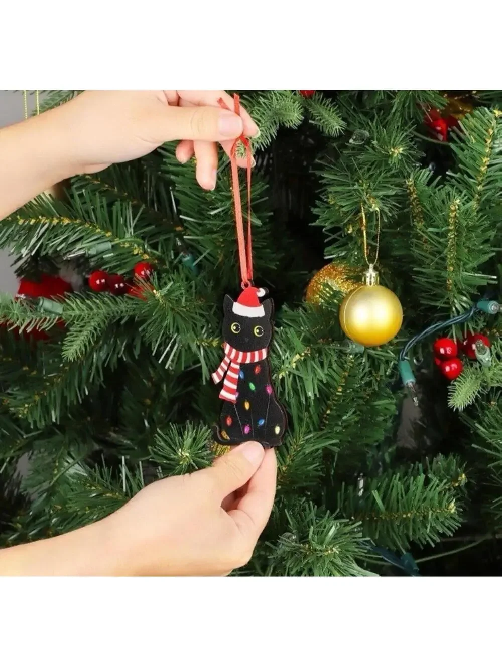 Black Cat Christmas Ornament Wooden Funny Cat Tree Hanging Pet Lover Gift Decor